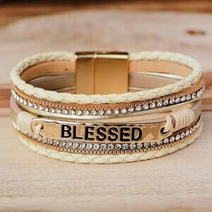 Beige Blessed Rhinestone Braided Detail Buckle Bracelet